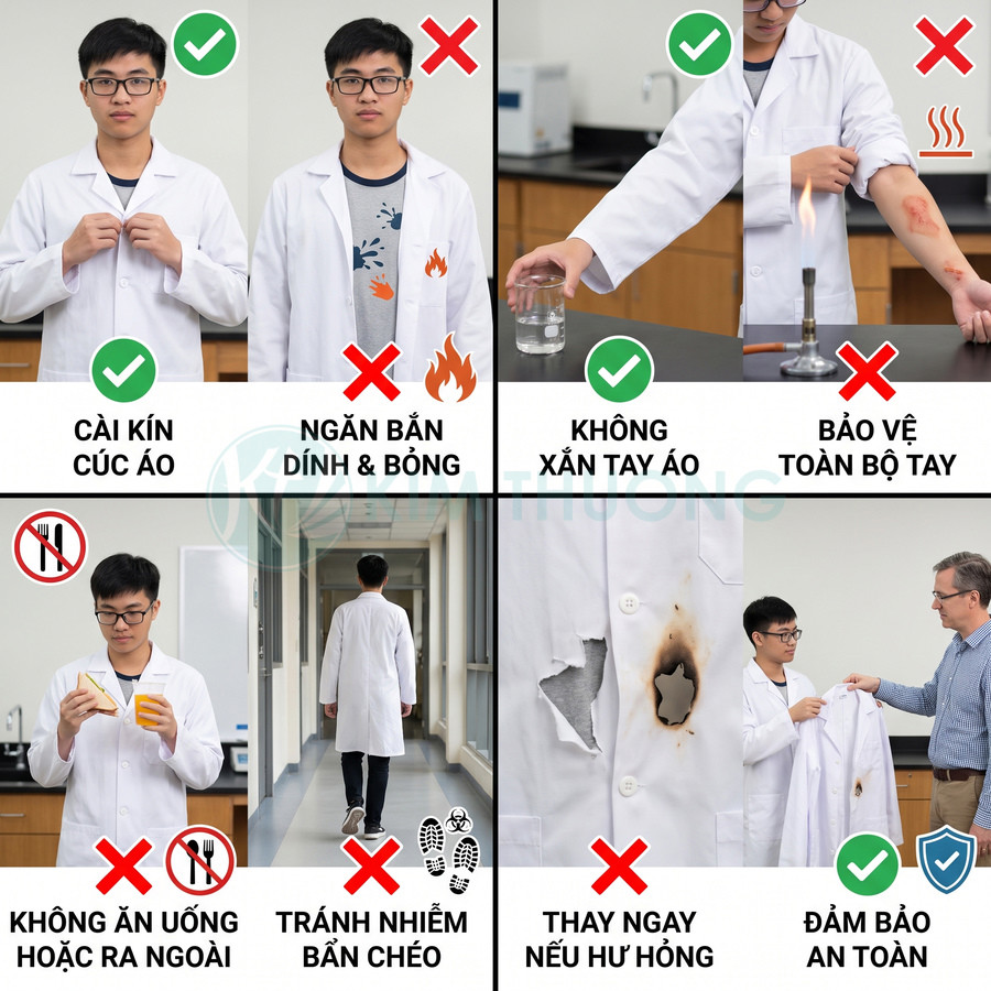 Hướng dẫn mặc áo blouse phòng thí nghiệm đúng cách, giữ kín cúc, không xắn tay và thay áo khi hư hỏng
