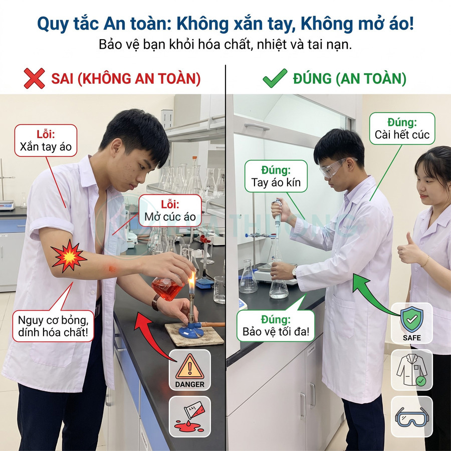 Hướng dẫn an toàn phòng thí nghiệm: cài kín áo blouse và tay áo khi thao tác hóa chất, tránh bỏng và đổ hóa chất