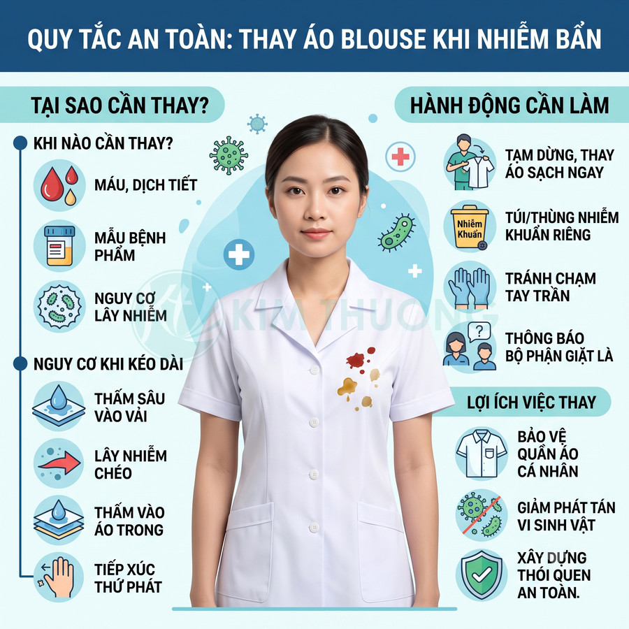 Nhân viên y tế mặc áo blouse trắng bị dính vết bẩn màu, minh họa quy tắc thay áo khi nhiễm bẩn