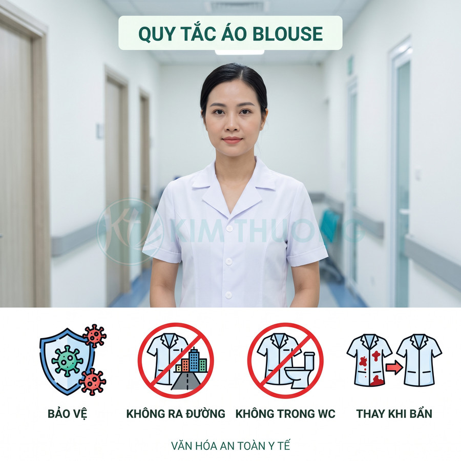 Nhân viên y tế mặc áo blouse trắng đứng trong hành lang bệnh viện với quy tắc sử dụng áo blouse