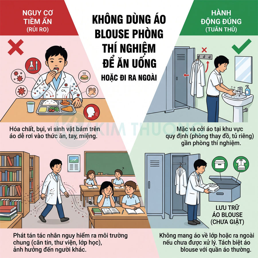 Áo blouse phòng thí nghiệm cần cởi và cất riêng trước khi ăn uống hoặc ra ngoài