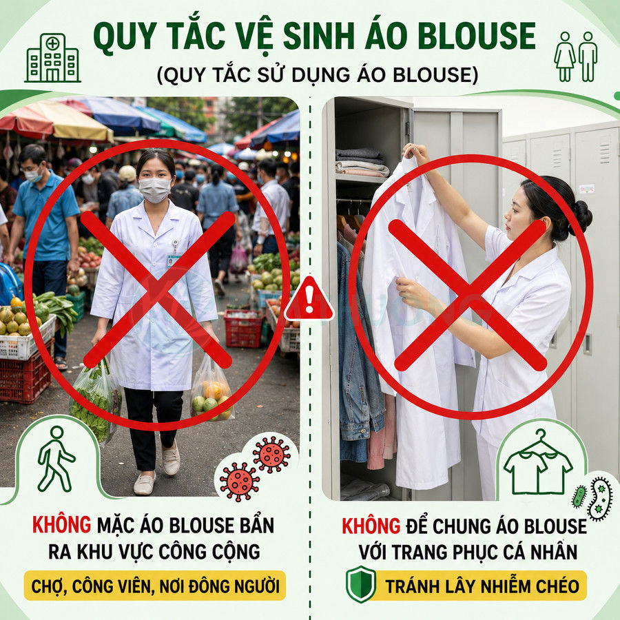 Quy tắc vệ sinh áo blouse không mặc áo blouse bẩn ra nơi công cộng và không để chung với quần áo cá nhân
