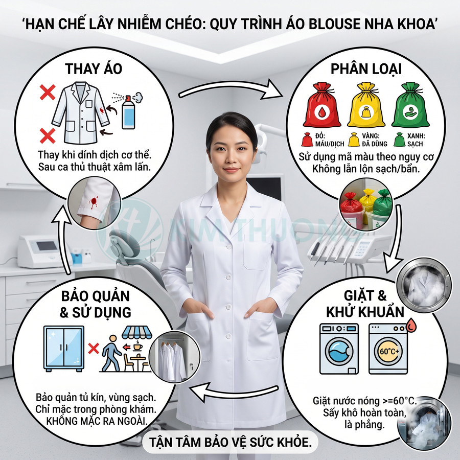 Nữ nha sĩ mặc áo blouse trắng đứng trong phòng khám, minh họa quy trình giặt và bảo quản áo blouse nha khoa