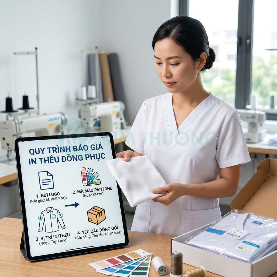 Nhân viên xưởng may đồng phục cầm mẫu vải, cạnh máy tính bảng hiển thị quy trình in thêu và hộp áo sơ mi đóng gói