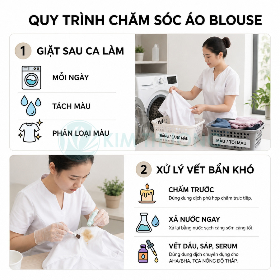Quy trình giặt và xử lý vết bẩn cho áo blouse trắng y tế, hướng dẫn tách màu và chăm sóc áo sạch đẹp