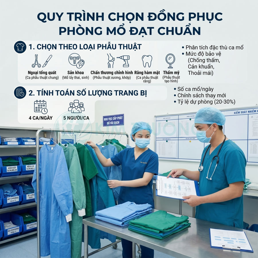 Nhân viên y tế chọn và gấp đồng phục phẫu thuật xanh trong kho cấp phát đồ vải sạch