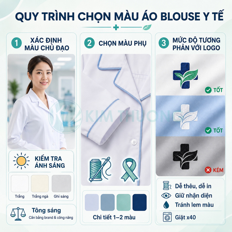 Quy trình chọn màu áo blouse y tế trắng viền xanh và logo thêu nổi bật cho thương hiệu phòng khám