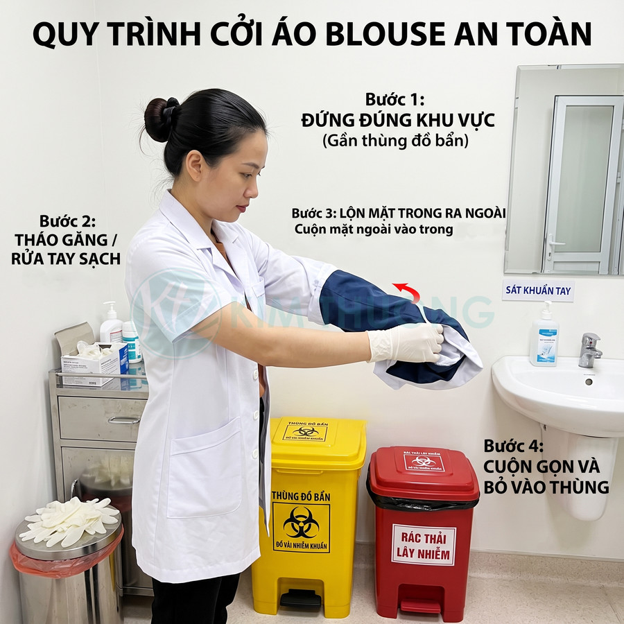 Nhân viên y tế cởi áo blouse và cuộn lại trước thùng rác y tế màu vàng và đỏ trong phòng khám sạch sẽ