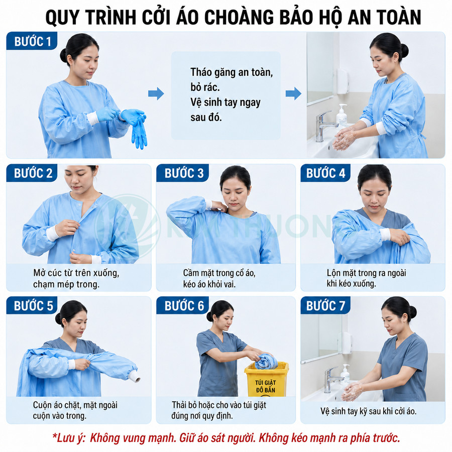 Hướng dẫn từng bước cởi áo choàng bảo hộ y tế và bỏ vào túi giặt, nhân viên rửa tay sau khi tháo đồ bảo hộ