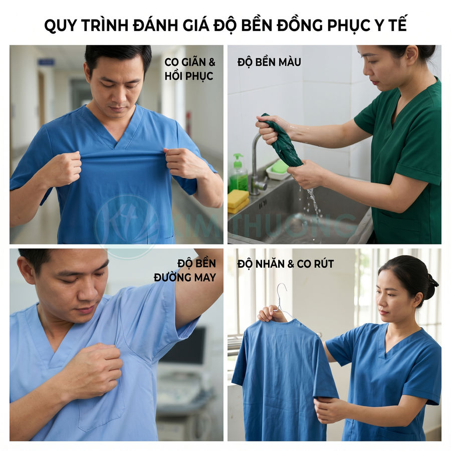 Quy trình kiểm tra độ bền, co giãn, đường may và độ nhăn của đồng phục y tế màu xanh