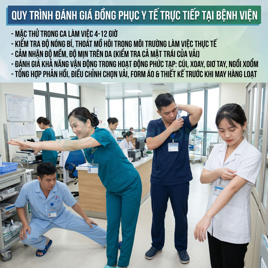 Nhân viên y tế tại bệnh viện kiểm tra và vận động thử đồng phục y tế trong ca làm việc
