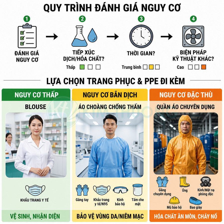 Quy trình đánh giá nguy cơ và lựa chọn trang phục bảo hộ y tế, áo choàng chống thấm, quần áo chuyên dụng PPE
