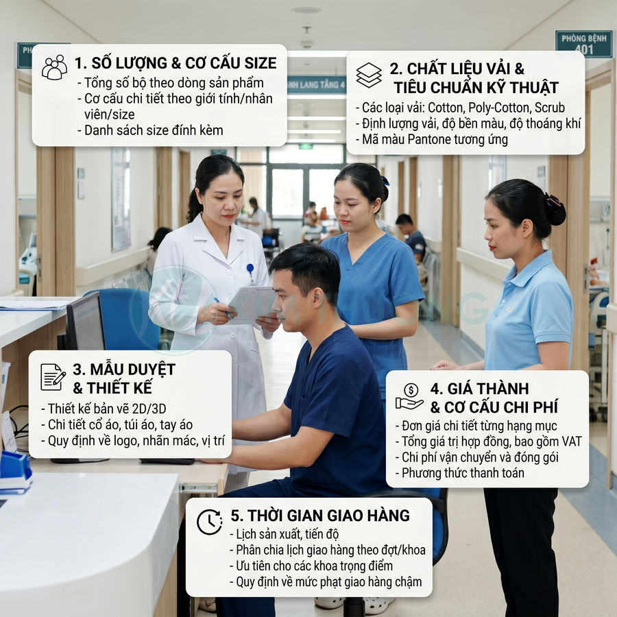 Nhân viên y tế mặc đồng phục bệnh viện tư vấn quy trình đặt may và giao hàng đồng phục y khoa