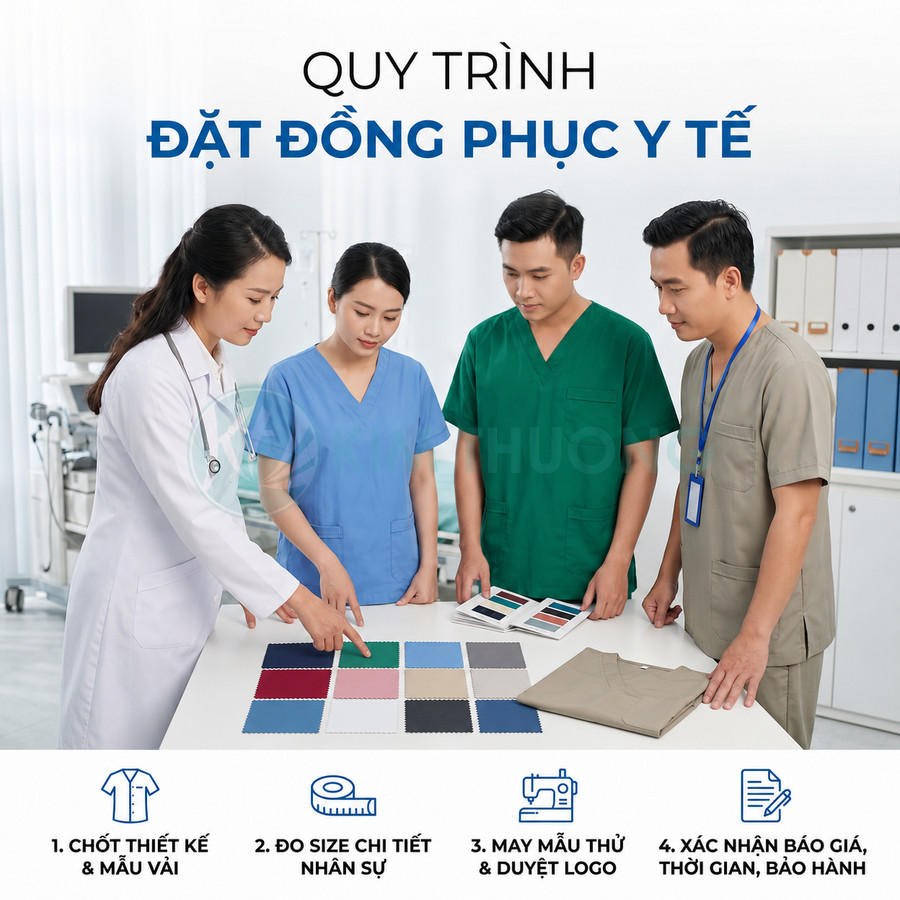 Nhân viên y tế chọn mẫu vải và màu sắc để đặt may đồng phục y tế chuyên nghiệp
