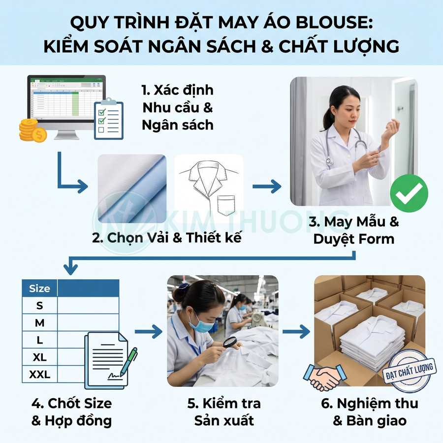 Quy trình đặt may áo blouse từ chọn vải, thiết kế và chốt size đến kiểm tra chất lượng, bàn giao sản phẩm