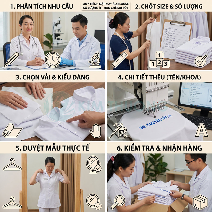 Quy trình đặt may áo blouse bác sĩ thêu tên từ tư vấn nhu cầu, chọn vải và duyệt mẫu đến kiểm tra, nhận hàng