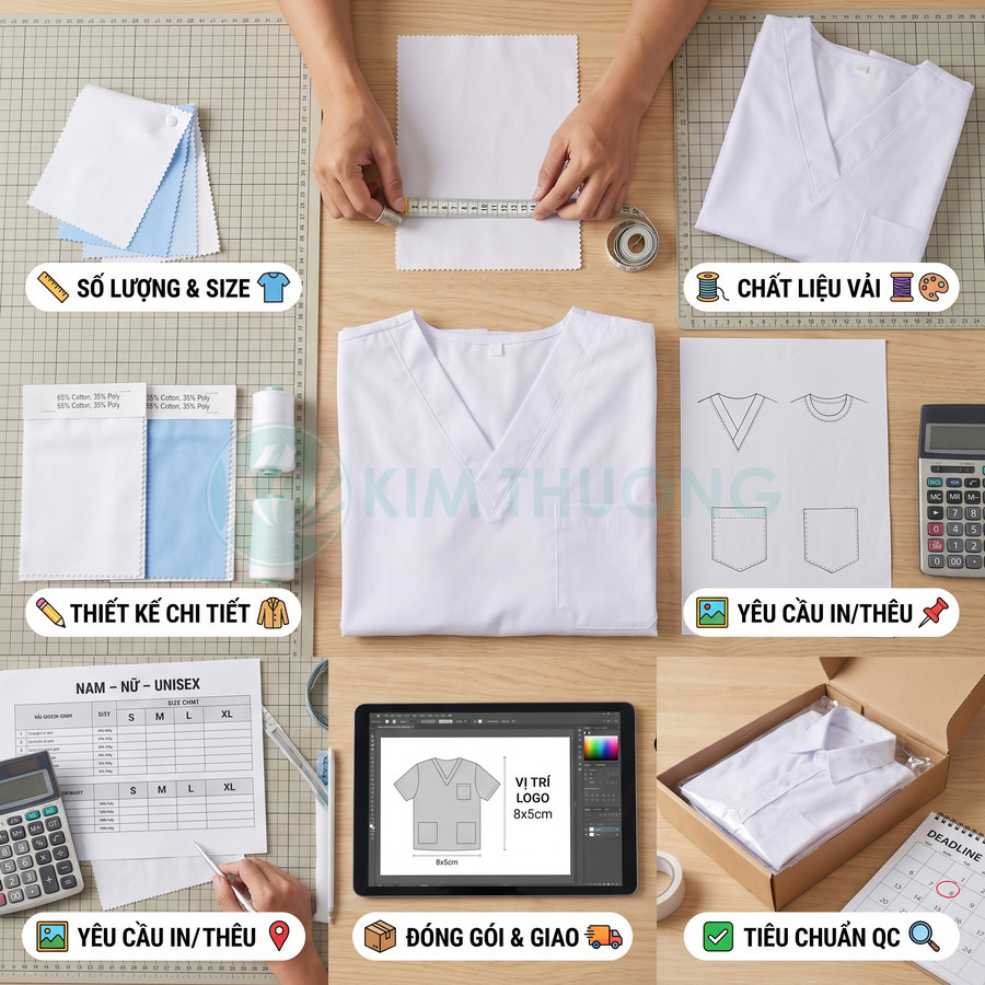 Áo polo trắng may theo yêu cầu với bảng size, mẫu vải, thiết kế logo, đóng gói và kiểm tra chất lượng