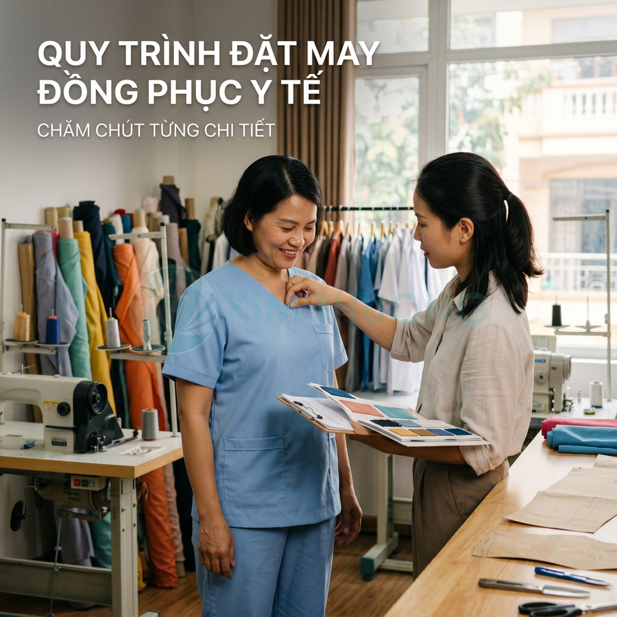 Tư vấn đo may đồng phục y tế màu xanh cho nữ nhân viên trong xưởng may chuyên nghiệp