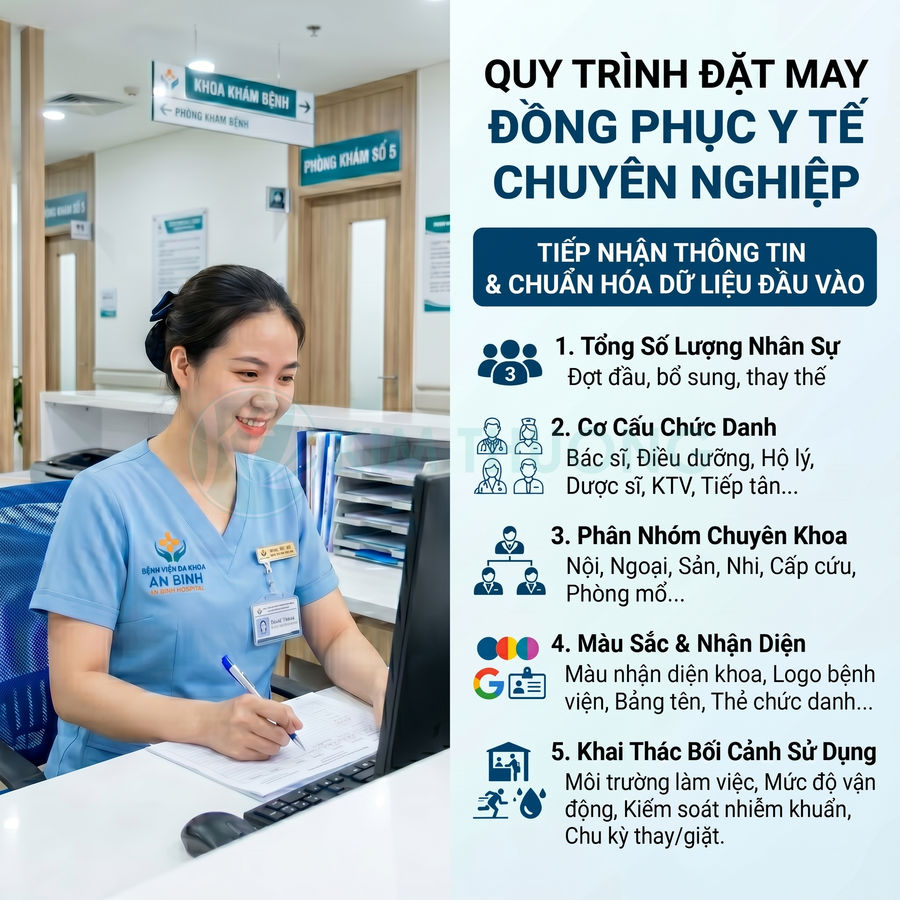 Nhân viên y tế mặc đồng phục bệnh viện An Bình màu xanh dương làm việc tại quầy lễ tân trước máy tính