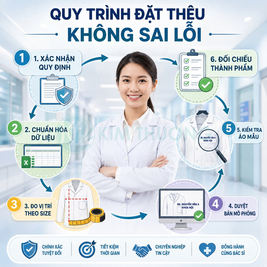 Quy trình đặt thêu tên trên áo blouse bác sĩ với các bước chuẩn hóa dữ liệu, đo size và kiểm tra áo mẫu