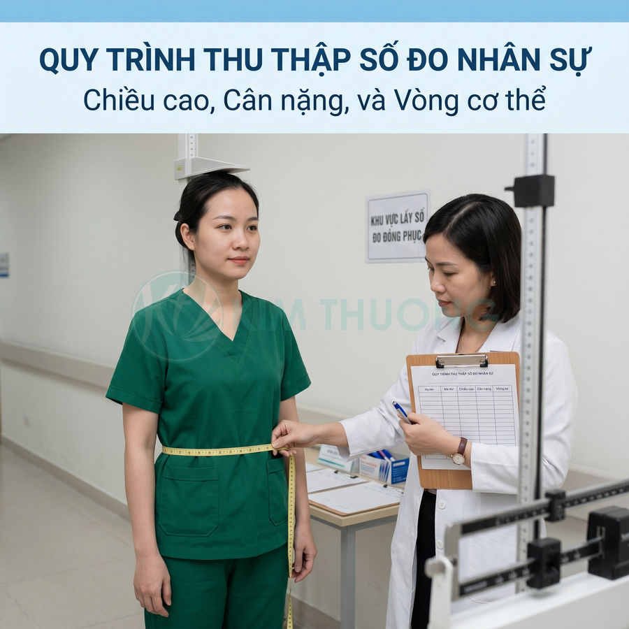 Nhân viên y tế đo vòng eo và chiều cao cho nữ điều dưỡng trong quy trình thu thập số đo nhân sự