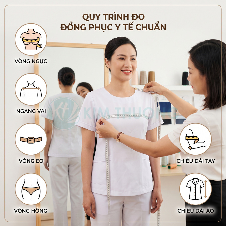 Nhân viên đo số đo vòng ngực cho nữ y tá mặc đồng phục y tế trắng trong phòng may