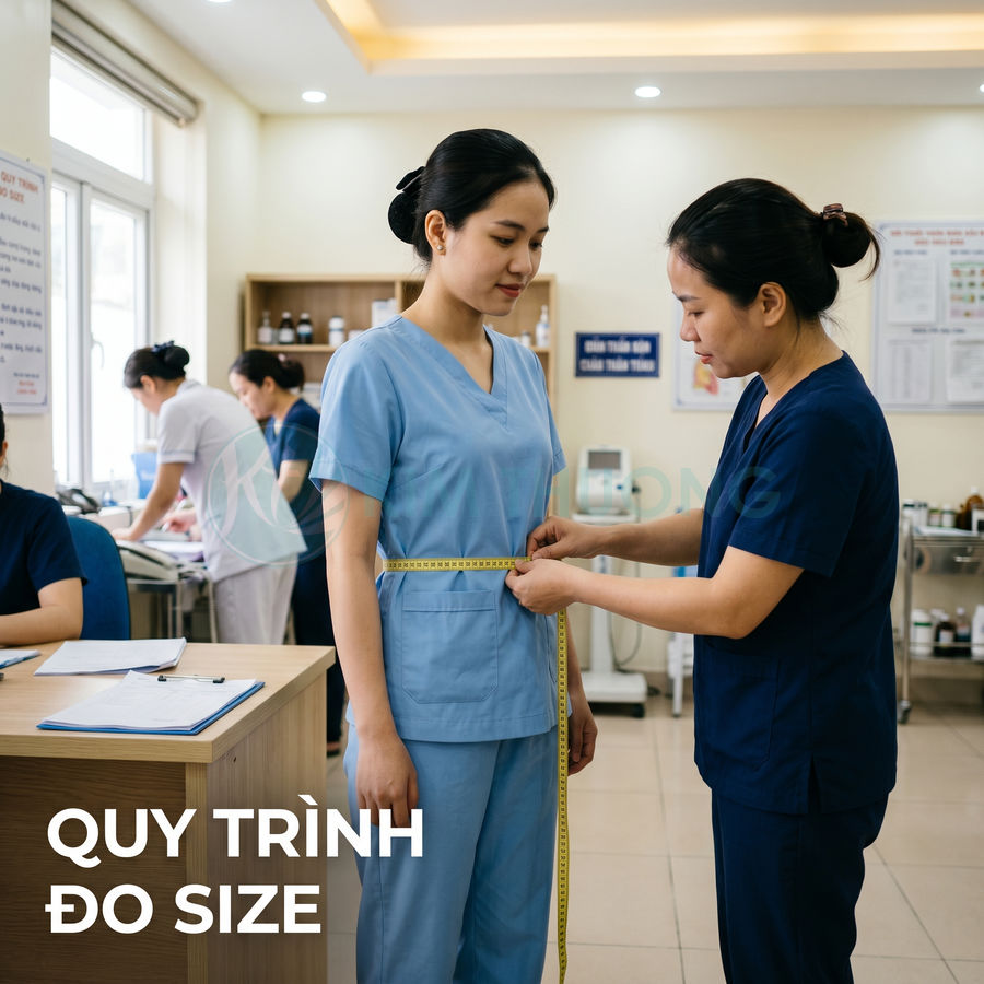 Nhân viên y tế đo vòng eo để may đồng phục y khoa màu xanh trong phòng khám