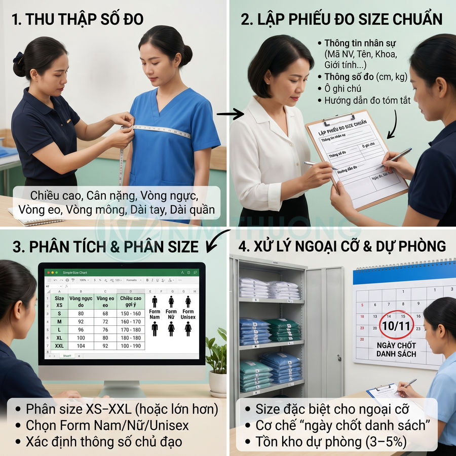 Quy trình đo size và phân loại đồng phục y tế với nhân viên mặc áo blouse và tủ đồ gấp gọn