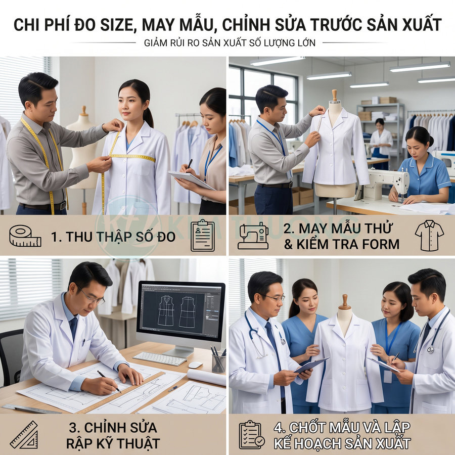 Quy trình đo size, may mẫu và chỉnh sửa áo blouse y tế trước khi sản xuất số lượng lớn