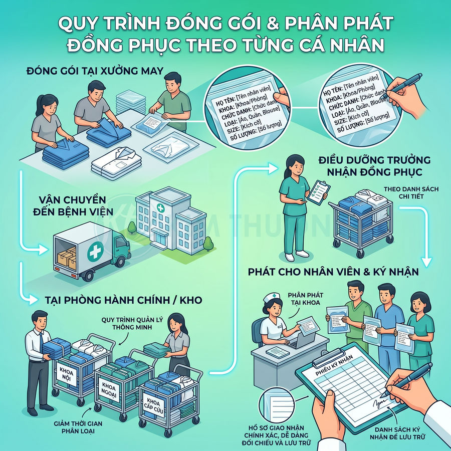 Quy trình đóng gói và phân phát đồng phục y tế theo từng cá nhân cho nhân viên bệnh viện