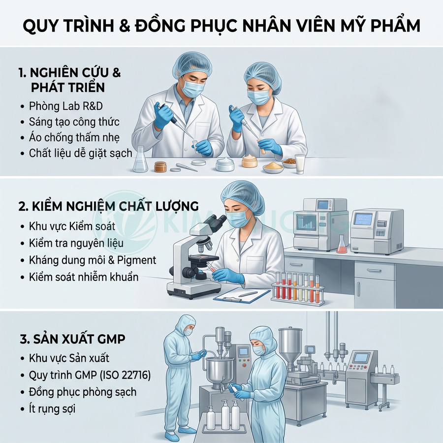 Quy trình sản xuất mỹ phẩm với nhân viên phòng lab, kiểm nghiệm chất lượng và đóng gói trong nhà máy GMP
