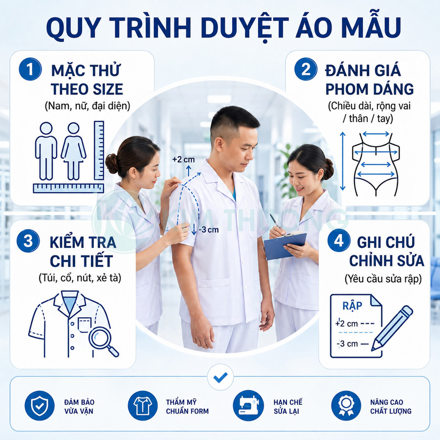Quy trình duyệt áo mẫu đồng phục y tế, nhân viên đo size, kiểm tra phom dáng và ghi chú chỉnh sửa áo