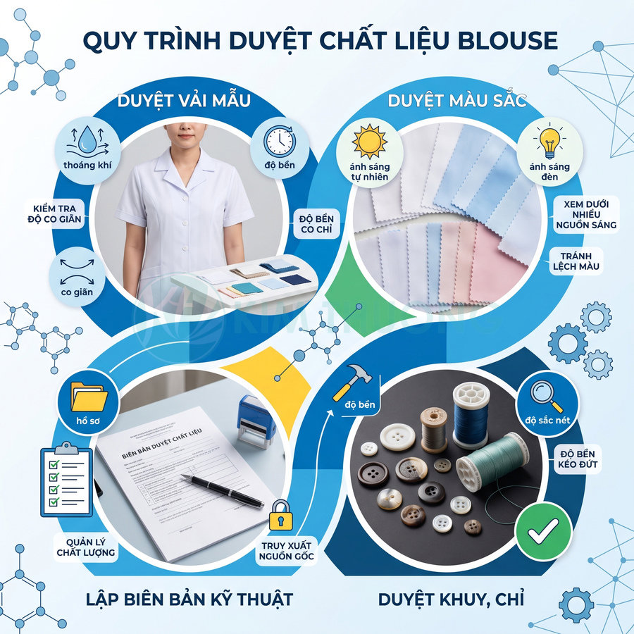 Quy trình kiểm tra chất liệu blouse với vải mẫu, bảng màu, biên bản kỹ thuật và phụ kiện khuy chỉ