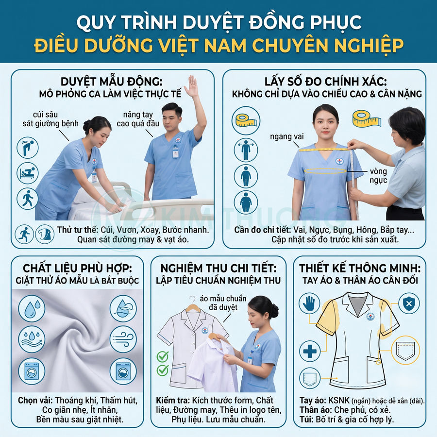 Quy trình duyệt và đo may đồng phục điều dưỡng Việt Nam chuyên nghiệp với mẫu áo scrub màu xanh lam