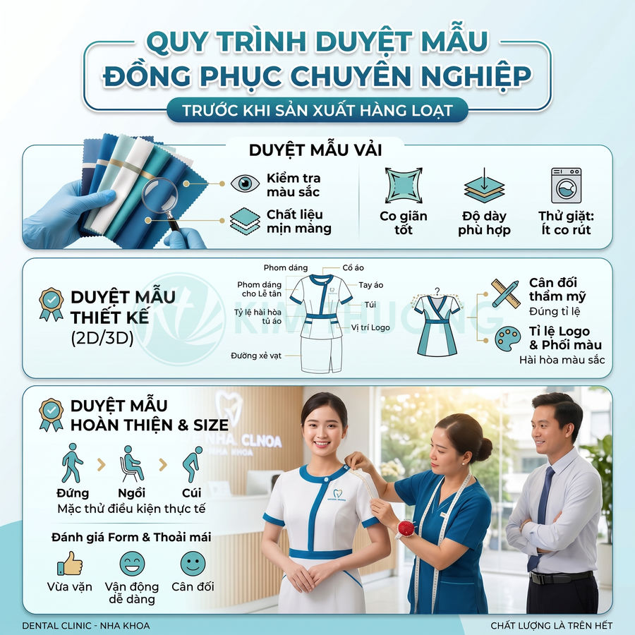 Quy trình duyệt mẫu đồng phục nha khoa chuyên nghiệp với nhân viên mặc thử và được chỉnh sửa form size