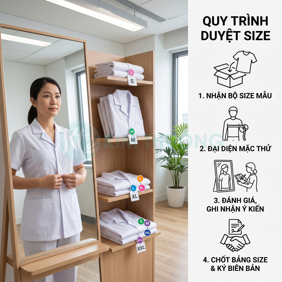 Nhân viên nữ mặc thử đồng phục y tế trắng trước gương cạnh kệ trưng bày áo quần theo size S đến XXL