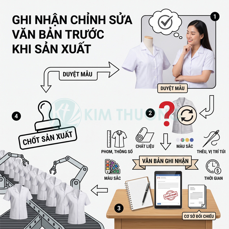 Quy trình duyệt mẫu và ghi nhận chỉnh sửa trước khi sản xuất áo đồng phục trắng Kim Thưỡng