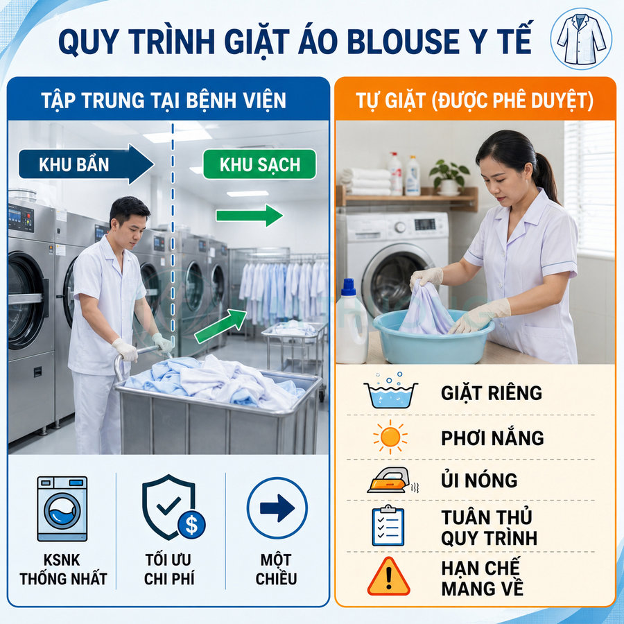 Quy trình giặt áo blouse y tế tại bệnh viện và tự giặt tại nhà với hướng dẫn vệ sinh an toàn