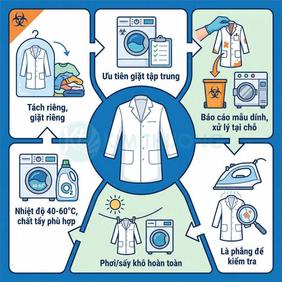 Áo blouse phòng thí nghiệm màu trắng và hướng dẫn giặt, xử lý mẫu dính hóa chất an toàn