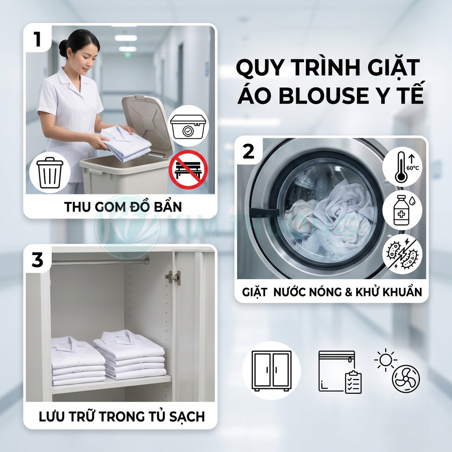 Quy trình giặt áo blouse y tế: thu gom đồ bẩn, giặt nước nóng khử khuẩn và lưu trữ áo sạch trong tủ kín
