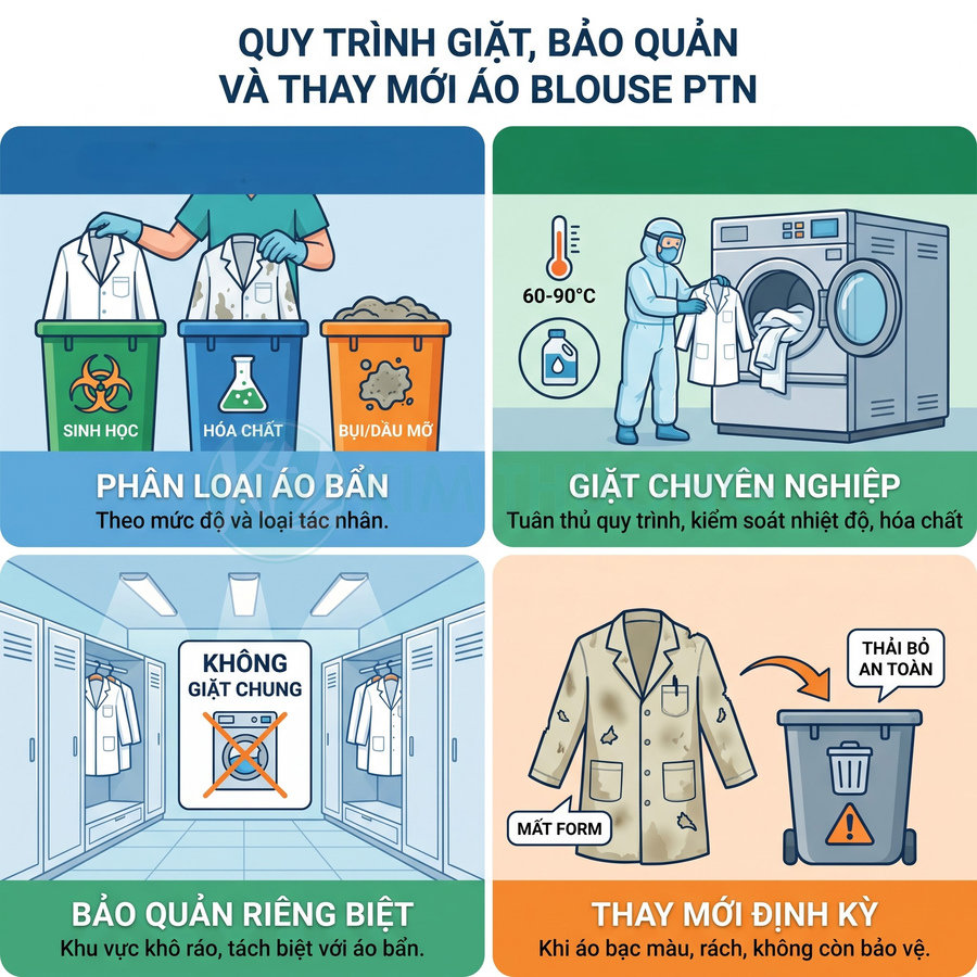 Quy trình giặt, bảo quản và thay mới áo blouse PTN khi bị bẩn, bạc màu hoặc mất form