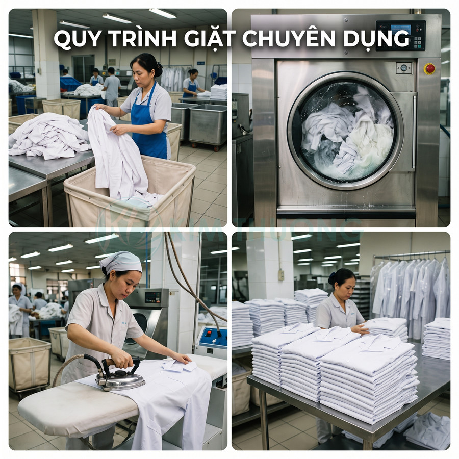 Quy trình giặt ủi công nghiệp cho áo blouse trắng trong nhà máy chuyên dụng