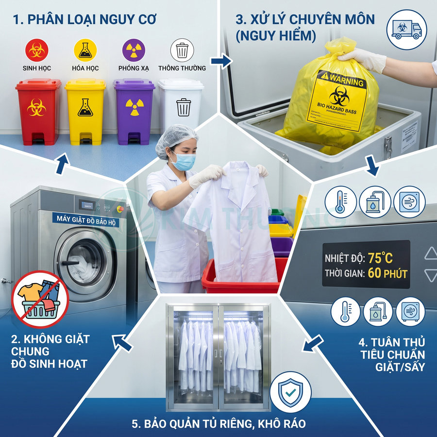 Quy trình xử lý đồ bảo hộ y tế với thùng phân loại chất thải, máy giặt chuyên dụng và tủ lưu trữ riêng
