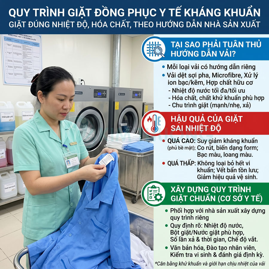 Nhân viên y tế kiểm tra nhãn hướng dẫn trên áo đồng phục xanh trước khi giặt trong phòng giặt bệnh viện