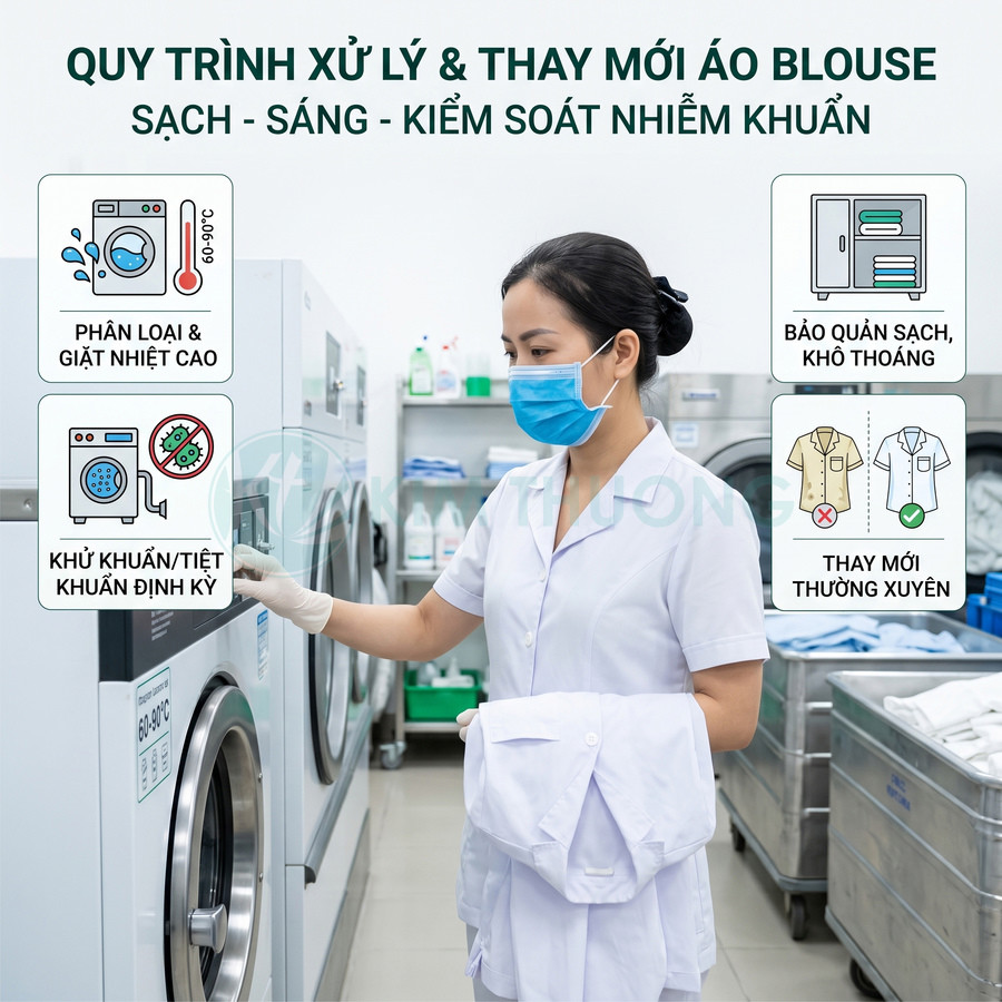Nhân viên y tế đeo khẩu trang xử lý giặt áo blouse trắng bằng máy giặt công nghiệp kiểm soát nhiễm khuẩn