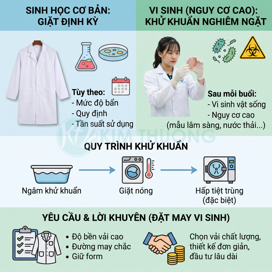 Hướng dẫn khử khuẩn áo blouse phòng thí nghiệm bằng cách ngâm, giặt nóng và hấp tiệt trùng, kèm yêu cầu may vi sinh.