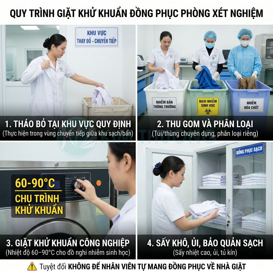 Quy trình giặt khử khuẩn đồng phục phòng xét nghiệm với nhân viên y tế phân loại và sấy khô bảo quản