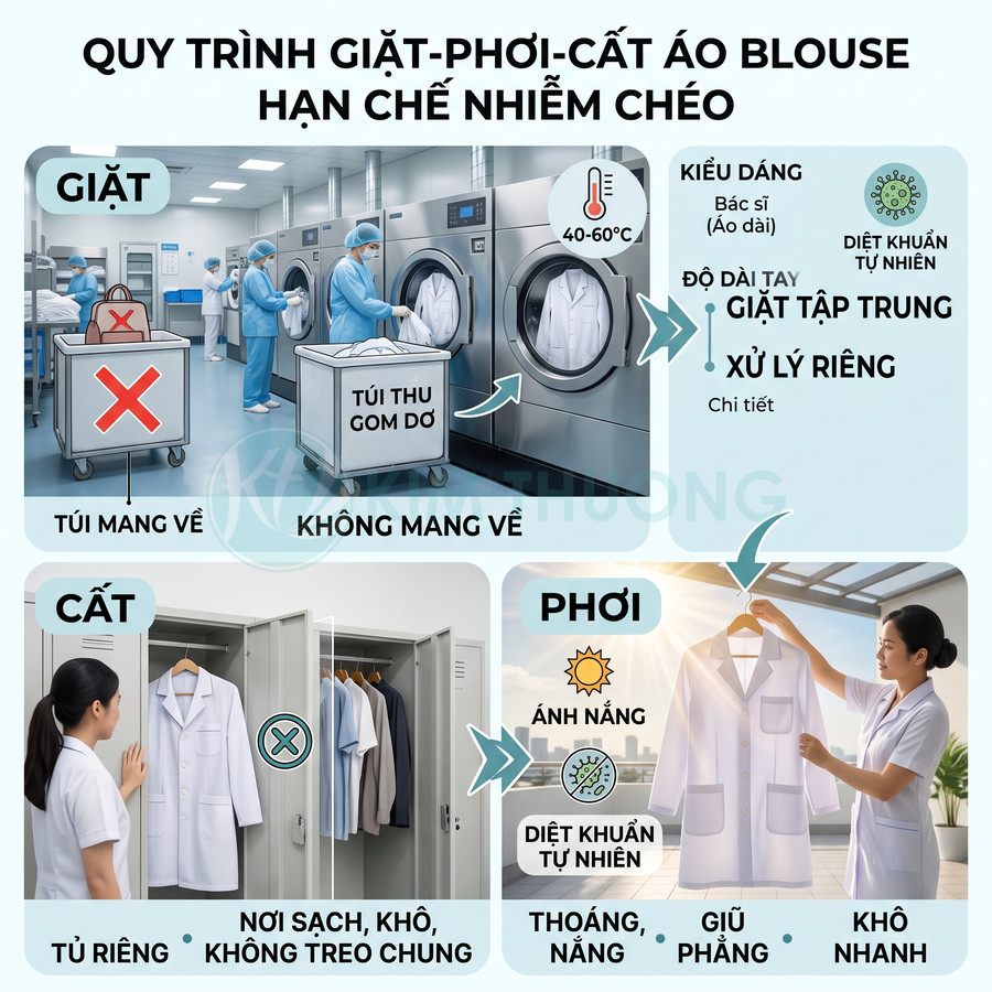 Quy trình giặt phơi cất áo blouse y tế sạch khuẩn, phơi nắng và cất riêng trong tủ để hạn chế nhiễm chéo