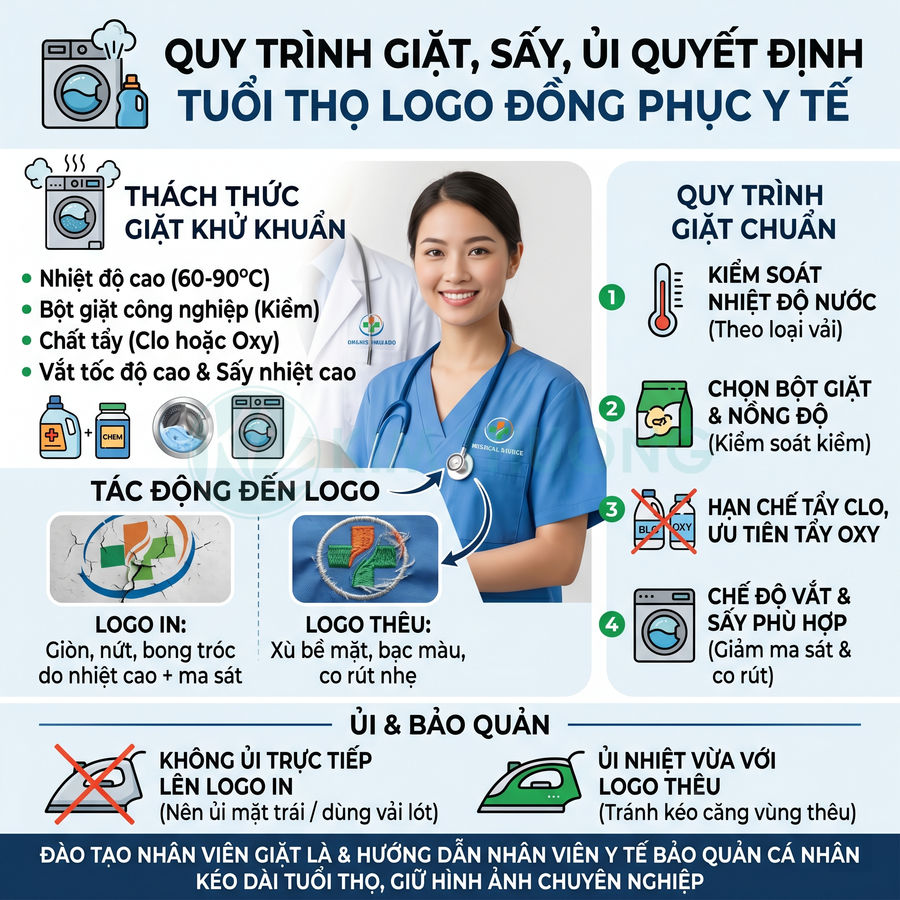 Quy trình giặt sấy ủi bảo quản logo trên đồng phục y tế với nữ nhân viên mặc áo blouse xanh