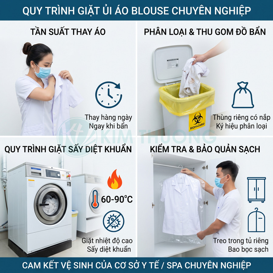 Quy trình giặt ủi áo blouse y tế chuyên nghiệp với máy giặt sấy diệt khuẩn và bảo quản áo sạch
